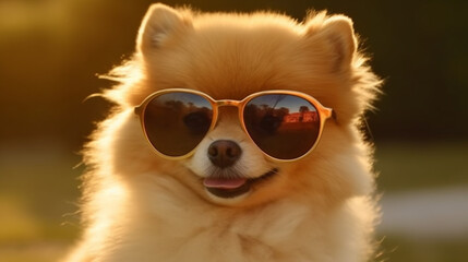 Very funny Pomeranian dog with sun glasses created with Generative AI technology