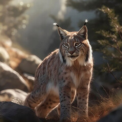 Obraz premium Lynx (Lynx Lynx) in a summery setting in the forest, with snowfall, ai generated