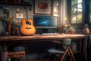 A guitar is standing on a working desk with a computer monitor which seems to show visualized music elements.