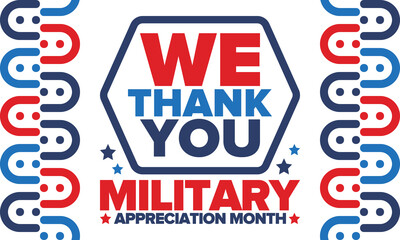 Fototapeta premium National Military Appreciation Month in May. Annual Armed Forces Celebration Month in United States. Patriotic american elements. Poster, card, banner and background. Vector illustration