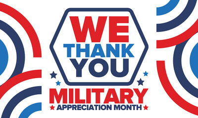 National Military Appreciation Month in May. Annual Armed Forces Celebration Month in United States. Patriotic american elements. Poster, card, banner and background. Vector illustration