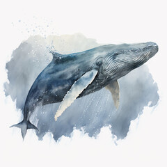 Humpback whale blue watercolor created with Generative AI technology