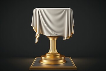 Gold Pedestal with Draped White Cloth. Generative AI