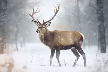 Naklejka na ściany i meble deer in winter snow forest