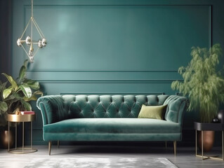 Living room interior with green sofa and decoration room on empty dark green wall background. Banner Copyspace.
