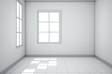 an empty room with a view of a sunny landscape through the window and a patterned tiled floor. Generative AI
