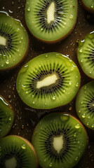 Still life overhead shot of fresh kiwi with water drops