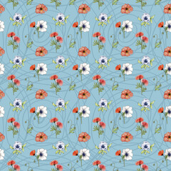 Watercolor flowers of red poppy and anemones. Seamless pattern of wild poppies on an abstract background. Summer design for fabric, paper and walls.