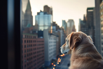 Longing Views: A Dog Gazing Out of a High-Rise Window Onto a Bustling Cityscape