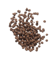 Clay Drainage big size ball pour fall down, explosion in air. Clay Drainage ball splash in shape form line explosion. White background isolated high speed shutter freeze motion