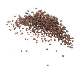 Clay Drainage tiny size ball pour fall down, explosion in air. Clay Drainage ball splash in shape form line floating. White background isolated high speed shutter freeze motion