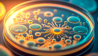 Petri dish with colony color bacteria and viruses of various shapes banner background. Concept of science and medicine. AI generation