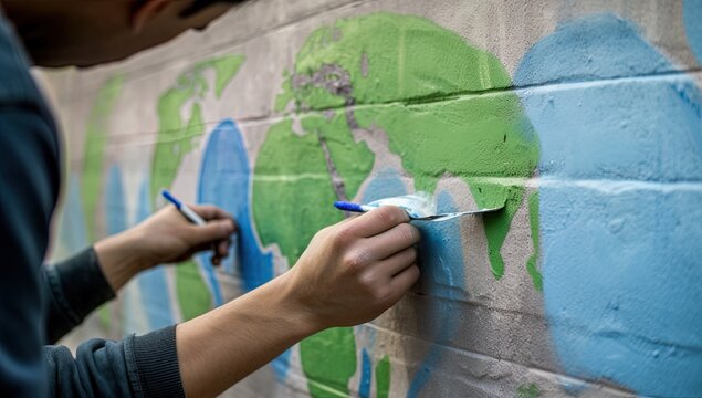 People Holding the Earth and Drawing It on a Cement Wall Generative AI
