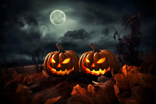 Halloween Pumpkins in the Night Field Under Moonlight, Horror Background: AI Generated Image
