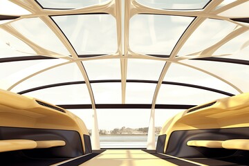 train interior with a panoramic view of the sky through the windows. Generative AI