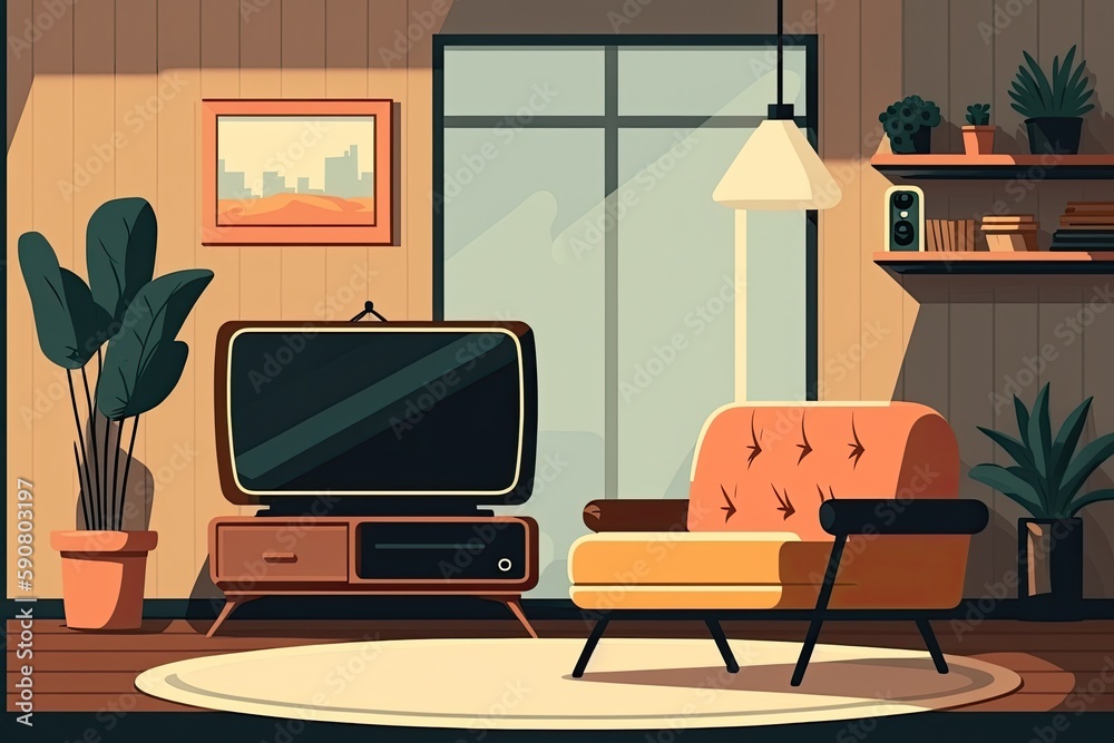 Sticker Cozy Living Room with a Comfortable Couch, Chair and Television. Generative AI