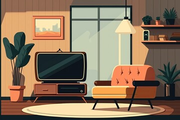 Cozy Living Room with a Comfortable Couch, Chair and Television. Generative AI