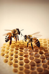 Close up view of the working bees on the honeycomb with sweet honey with copy space. Beekeeping concept. Generative AI