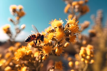 Bees collecting nectar on yellow flowers against blue sky background. Generative AI