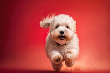 lively white dog running against a vibrant red background. Generative AI
