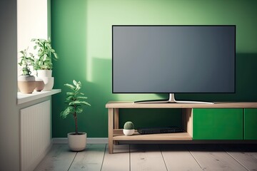 modern flat screen TV mounted on a wooden stand. Generative AI