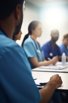 Medical Staff Meeting in Bright Conference Room with Blurred Figures