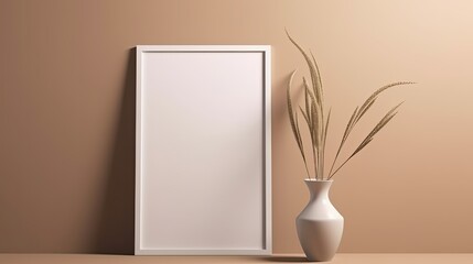 Blank picture frame mockup on brown wall. Generative AI