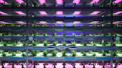3d illustration render of vertical farm in modern background purple lights for plants with drone ai control growth proces - obrazy, fototapety, plakaty