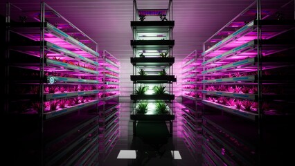 3d illustration render of vertical farm in modern background purple lights for plants - obrazy, fototapety, plakaty