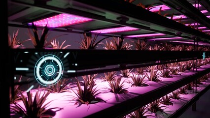 3d illustration render of vertical farm in modern background purple lights for plants