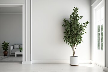 minimalist white room with a green potted plant in the corner. Generative AI