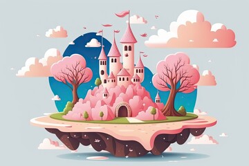 pink castle on a small island surrounded by water. Generative AI