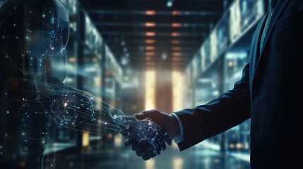 Shaking hands with the future: human and AI collaboration. Man and robot on background of huge data center. Based on Generative AI
