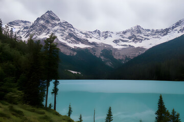 Lake Tahoe state snowy mountain behind a light blue lake.
