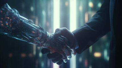 Shaking hands with the future: human and AI collaboration. Man and robot on background of huge data center. Based on Generative AI - obrazy, fototapety, plakaty
