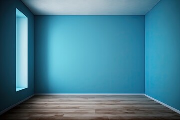 an empty room with a blue wall and wooden floor. Generative AI