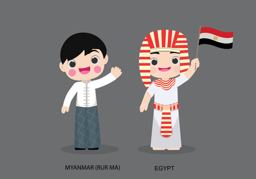 Egypt peopel in national dress. Set of Myanmar man dressed in national clothes. Vector flat illustration.