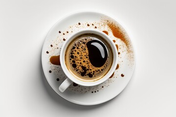 steaming cup of coffee on a clean white saucer resting on a modern table. Generative AI