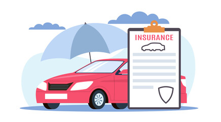 Insurance policy for car. Automobile protection and security, safety for driver. Auto and protection shield on document, transport under umbrella. Cartoon flat illustration. Vector concept