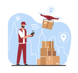 Man controls drone delivery by remote control. Quadcopter carrying a package to customer. Modern technology. Technological shipment innovation. Cartoon flat isolated illustration. Vector concept