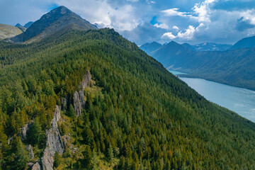 Obraz premium Aerial top view Summer Landscape beautiful Multinskoye lake mountains Altai
