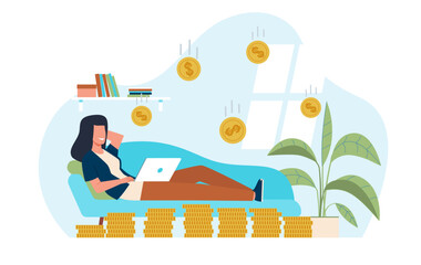 Passive income, woman resting on couch waiting for money to come in. Investment successful strategy. Deposit benefits. Falling golden coins, rich woman vector cartoon flat financial concept