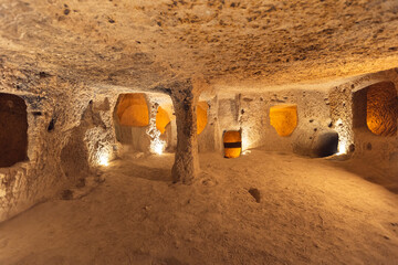 Derinkuyu underground city ancient cave in Cappadocia, Turkey, travel place of Goreme
