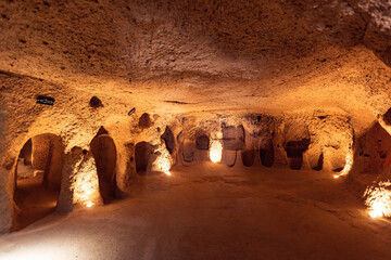 Derinkuyu underground city ancient cave in Cappadocia, Turkey, travel place of Goreme