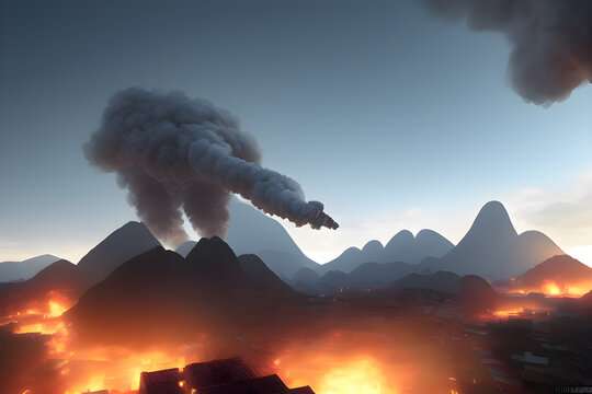 Apocalyptic war with fire and smoke, destruction of a small village in a mountain landscape, misile rockets exploding in the air, world war 3 scenario, AI-generated