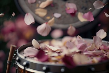 close-up of a colorful drum with flower petals. Generative AI