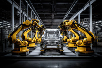 Photo of robots working on an ai generated car assembly line