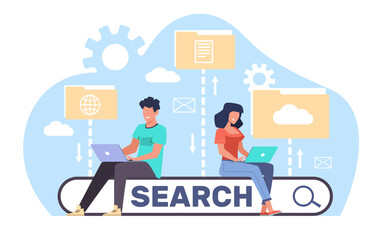 People use laptop to search for files in an electronic database. Man and woman with computer on bar template for website. Ask question online. Cartoon flat isolated illustration. Vector concept