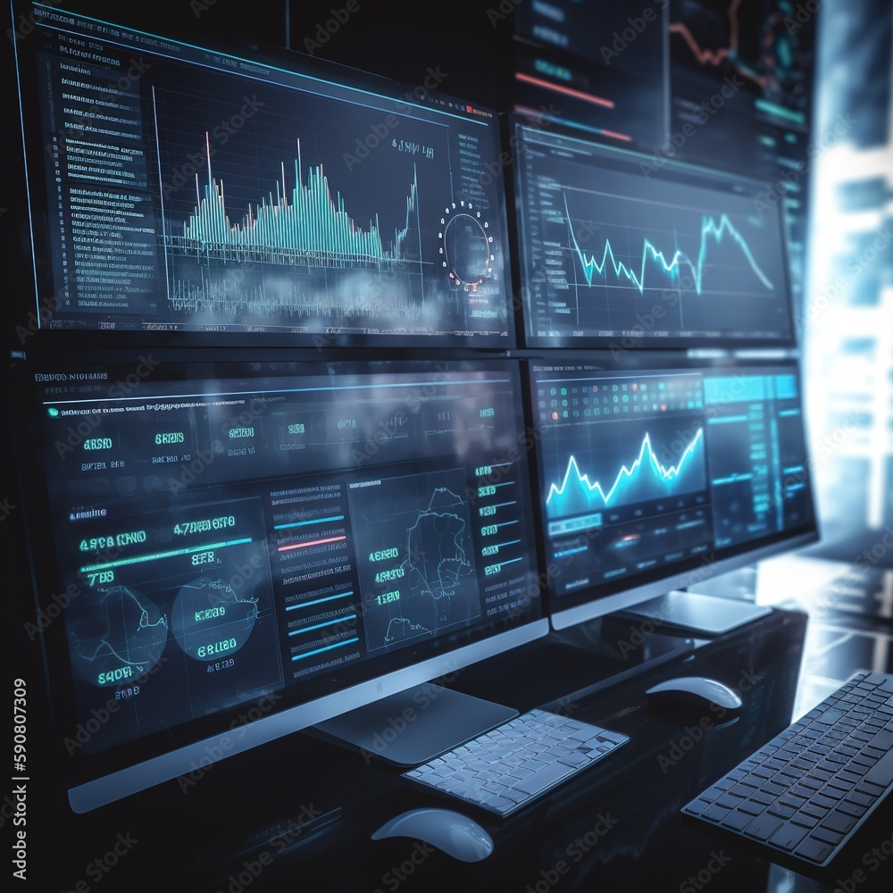 Poster virtual dashboard analyzing innovation finance sales data and economic growth graph chart and block 