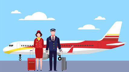 Pilot and flight attendant standing with suitcases at airport near plane. Professional aviation workers in uniform, cabin crew and captain cartoon flat illustration. Vector concept